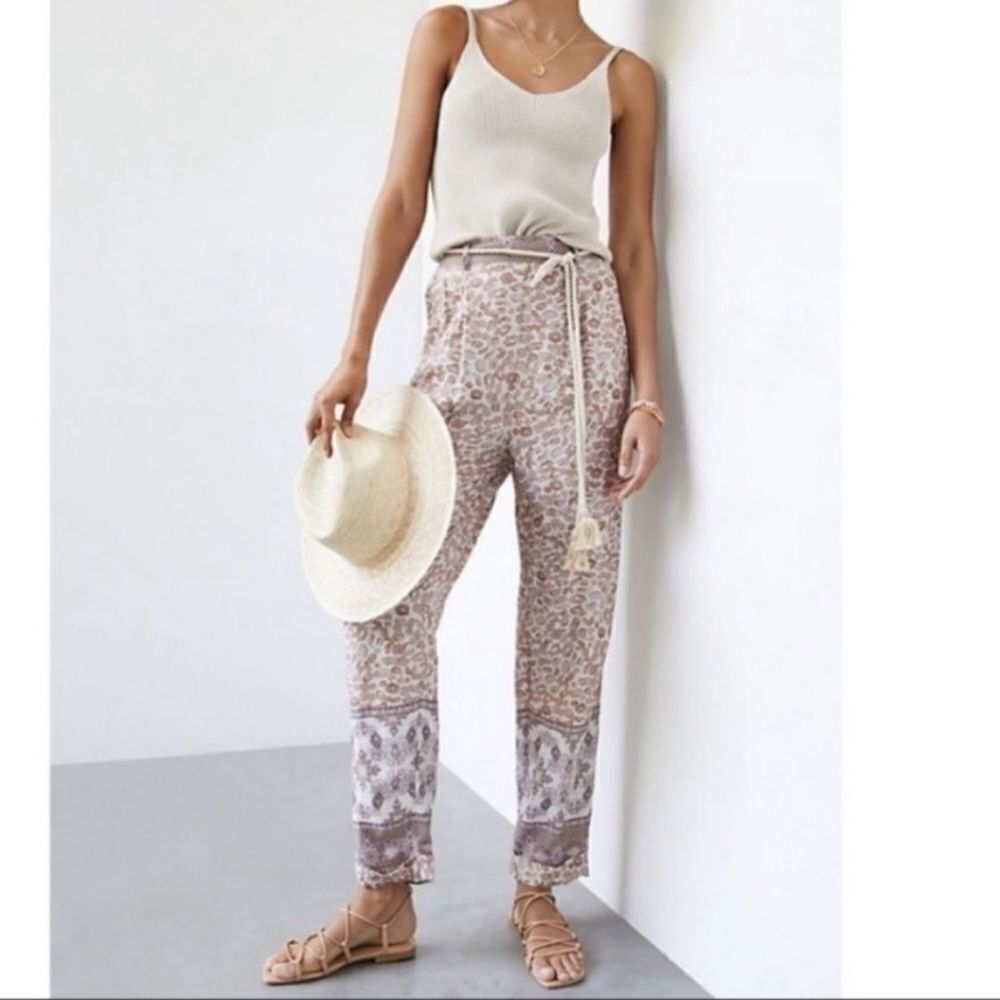 Anthropologie Ollari Tasseled Tapered Pull On Maueve Animal Print Pants XS NWT